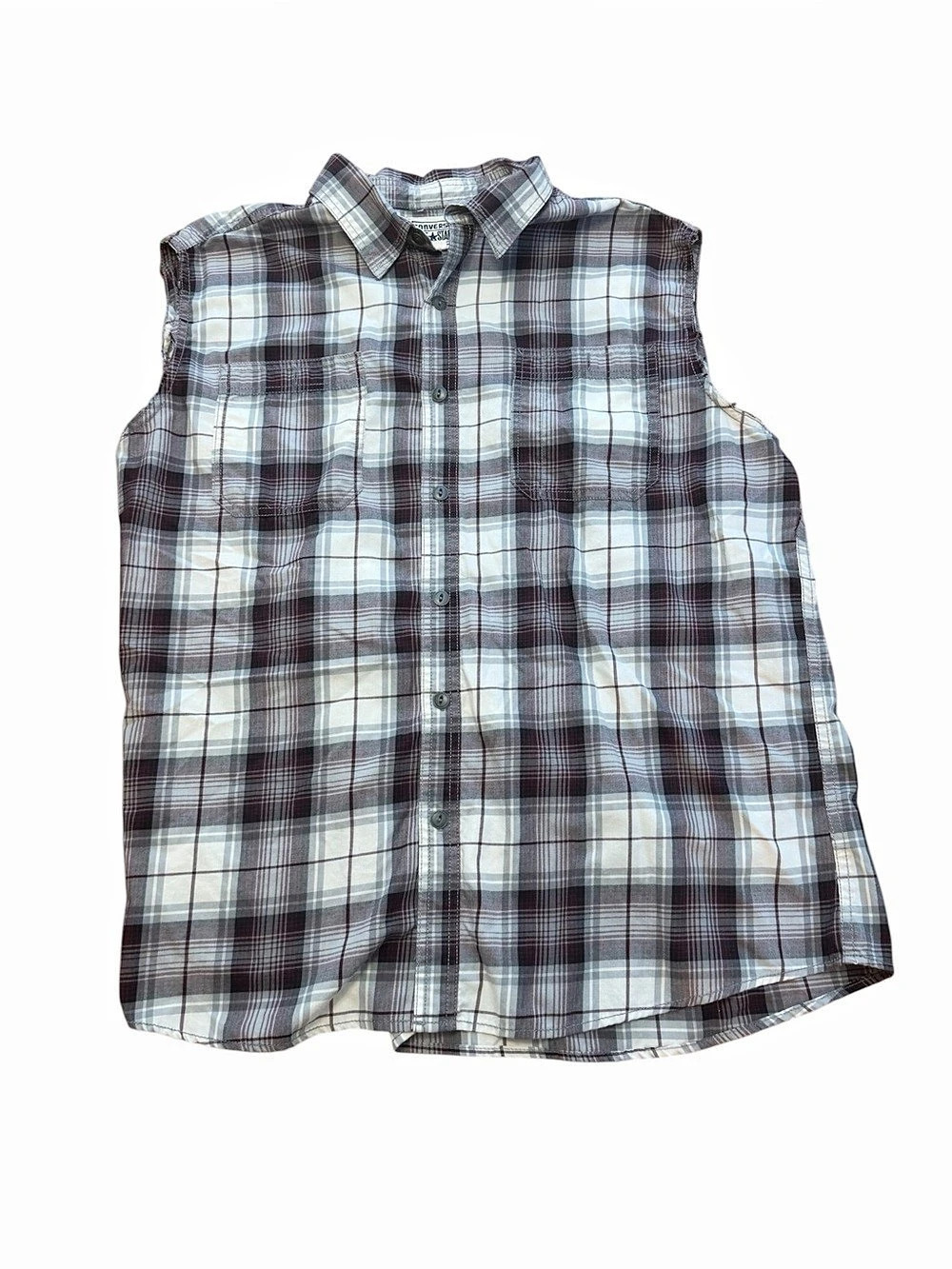 Converse One Star Mens XL Plaid Sleeveless Shirt Button Up Cut Off Vest Brown